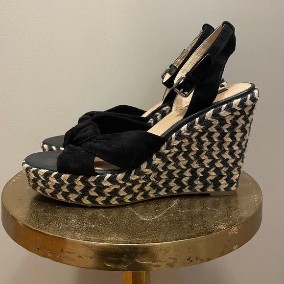 Frye Size 9M Black Suede Wedge Sandals | Braided Espadrille Heel, Sold Out, New - Picture 4 of 10